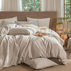 MooMee Wavy Striped Duvet Cover Set 100% Washed Cotton Linen Like Textured Breathable Durable Soft Comfy (Beige, Oversized King Plus 128"x120")