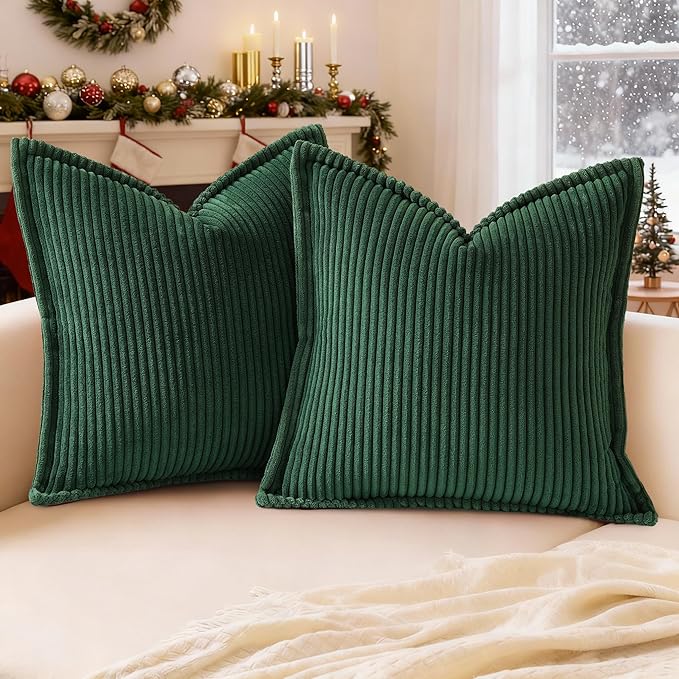 Mecatny Christmas Corduroy Throw Pillow Covers 18x18 Set of 2, Neutral Decorative Soft Boho Couch Pillow Covers with Broadside for Sofa Living Room, Christmas Green