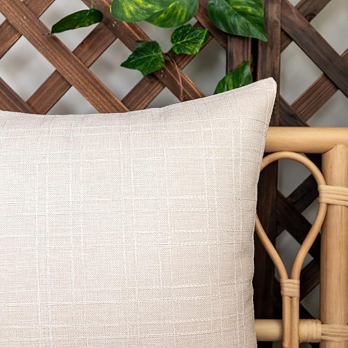 Kevin Textile Pack of 2 Outdoor Waterproof Throw Pillow Covers Decorative Farmhouse Checkered Square Solid Cushion Cases for Patio Garden Porch Sofa Light Beige 18x18 inch