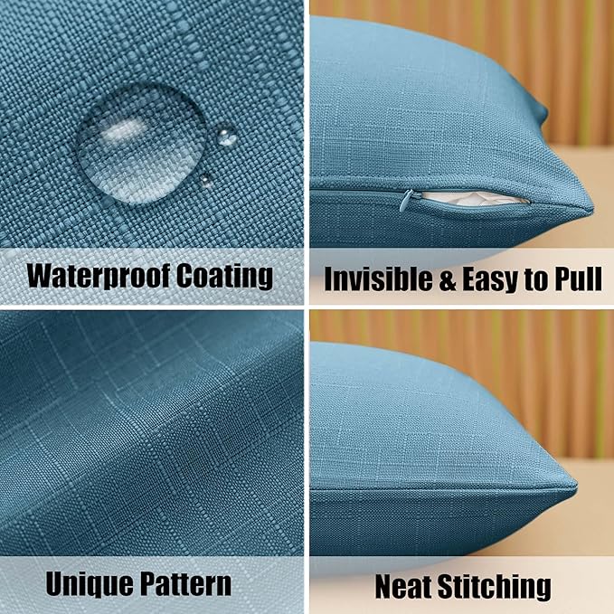NiNi ALL Pack of 2 Decorative Outdoor Waterproof Pillow Covers Square Garden Linen Textured Cushion Sham Throw Pillowcase Set of 2 for Patio Farmhouse Garden Tent Couch 22x22 Inch Dark Blue