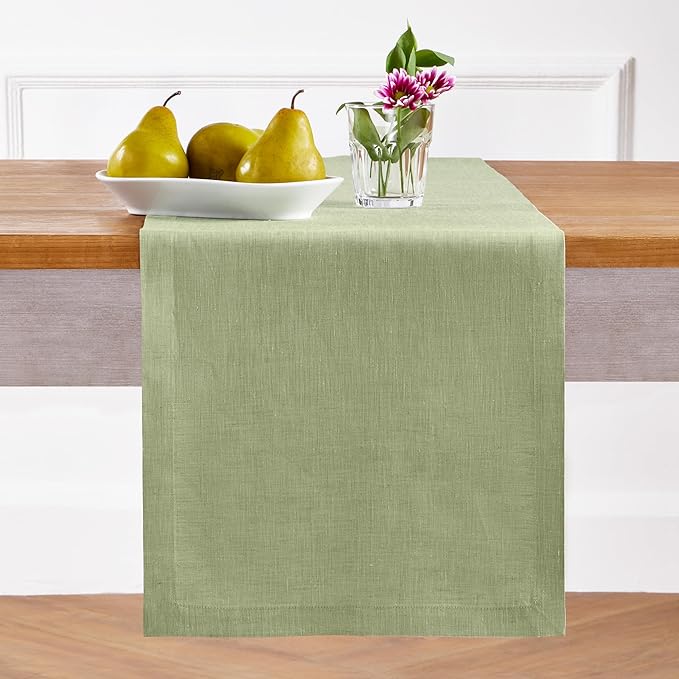 Solino Home Linen Table Runner 90 Inches Long - Athena, 100% Pure Linen Chambray Olive Table Runner 14 x 90 Inch for Dining, Fall, Autumn, Thanksgiving