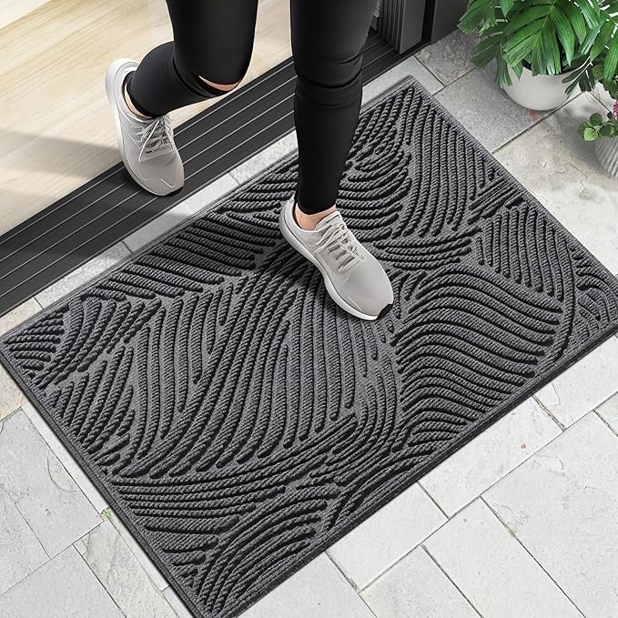 Yimobra Doormat Outdoor Entrance 29.5x17, All-Weather Waterproof Art Line Outdoor Mats for Front Door, Heavy Duty Non-Slip Welcome Matt for Garage Patio Proch Entryway Indoor, Dark Grey