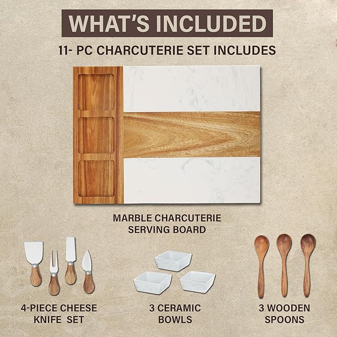 Marble Cutting Board Set, Charcuterie Cheese Boards, 3 Bowls, 3 Spoons, 4 Charcuterie Utensils, Meat, Fruits, Vegetables, Housewarming, Wedding - Marble Blank