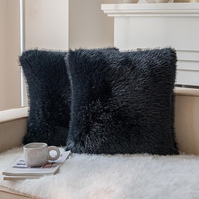 Neelvin Black Faux Fur Cozy Fluffy Double-Sided Decorative Throw Pillow Covers 18x18 inch Set of 2,Velvet Pillowcase Cushion Case for Sofa Couch