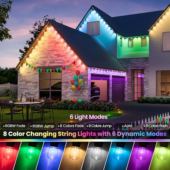 100FT(2x50FT) RGB Solar Outdoor String Lights with Remote, Dimmable Waterproof Patio Lights with 30 Bulbs for Porch Garden Bistro-White Cord