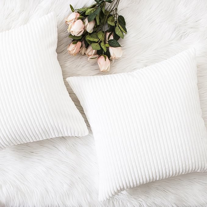 Home Brilliant Set of 2 26x26 Pillow Covers Super Soft Euro Sham Striped Corduroy Decorative Euro Throw Pillow Shams Cushion Cover for Couch, 26 x 26 inch, Pure White