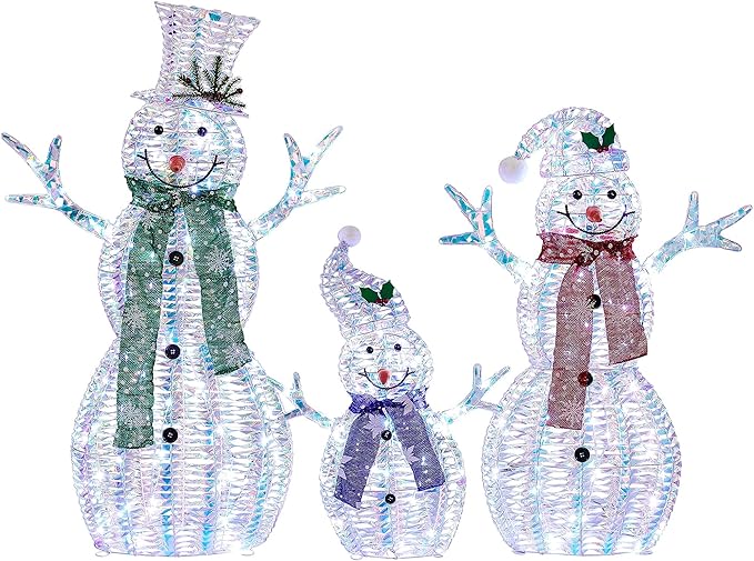 Large Christmas Snowman Family Decorations, 43Inch 3D Pre-Lit Iridescent Snowman with 200 LED Lights & Zip Ties, Indoor Outdoor Holiday Decor for Yard,Porch,Home-Iridescent