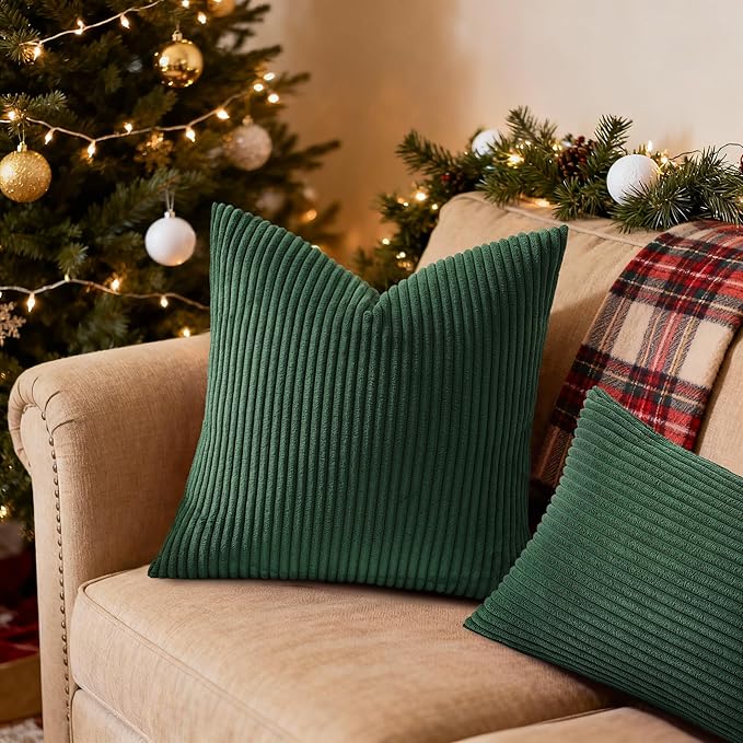 Mecatny Christmas Decorative Corduroy Throw Pillow Covers 24x24 Set of 2 for Sofa Living Room, Soft Neutral Boho Couch Pillow Covers for Home Decor, Christmas Green