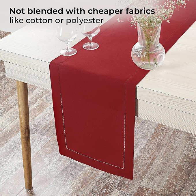 D'Moksha Homes Linen Red Table Runner 48 Inches - Classic Hemstitch, 100% Pure Linen Coffee Table Runner 14 x 48 Inch Ideal for Dresser Tables - Fall, Autumn and Halloween