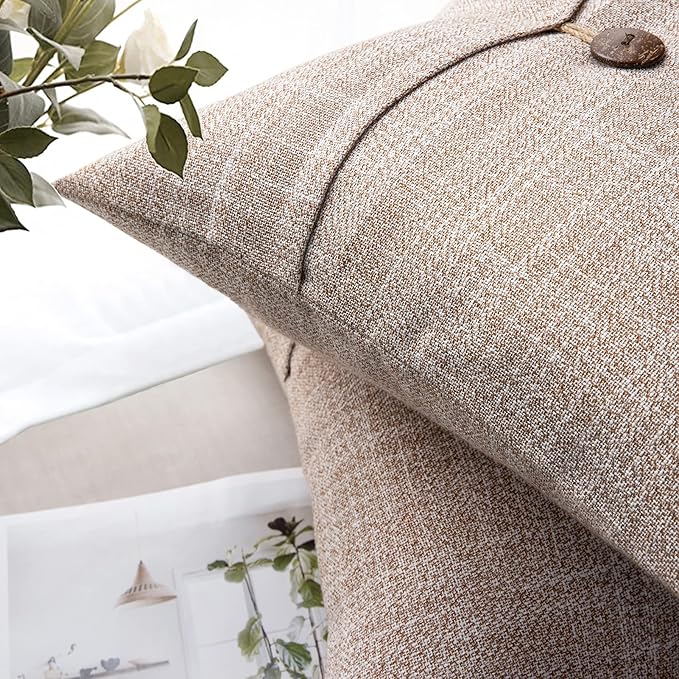 Phantoscope Pack of 2 Farmhouse Throw Pillow Covers Button Vintage Linen Decorative Pillow Cases for Couch Bed and Chair Beige 18 x 18 inches 45 x 45 cm