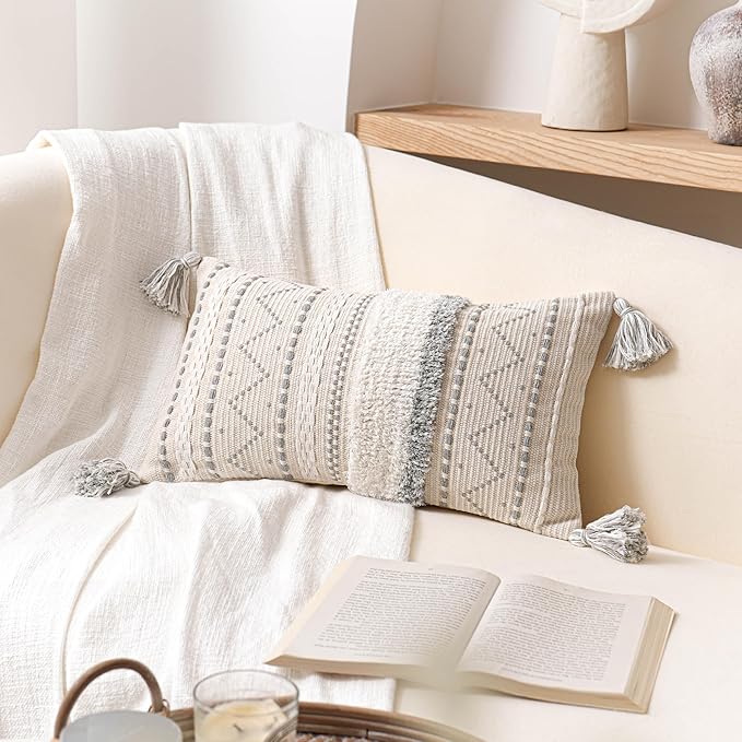 BlissBlush Decorative Lumbar Throw Pillow Cover 12x20 Gray Rectangular Boho Accent Pillowcase Neutral White Farmhouse Cushion for Couch Sofa Bedroom Living Home Décor (Cover ONLY, Pack of 1)
