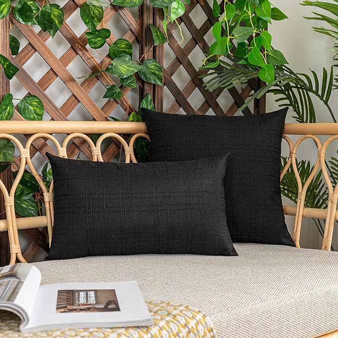 Kevin Textile Pack of 2 Decorative Outdoor Waterproof Throw Pillow Covers Checkered Pillowcases Classic Cushion Cases for Patio Couch Bench 18 x 18 Inch Black