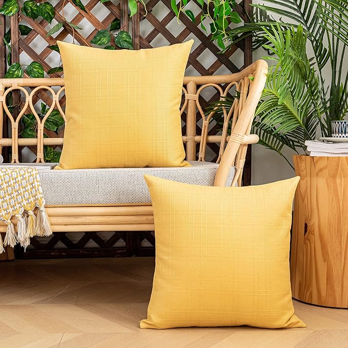 Kevin Textile Pack of 2 Decorative Outdoor Waterproof Pillow Covers Garden Checkered Cushion Sham Throw Pillowcase Shell for Patio Tent Couch 20x20 Inch Yellow