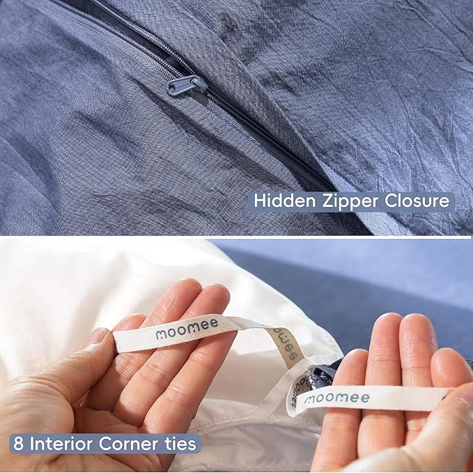 MooMee Bedding Duvet Cover Set 100% Washed Cotton Linen Like Textured Breathable Durable Soft Comfy (Heathered Blue, Palatial King/Oversized King 120"x98")