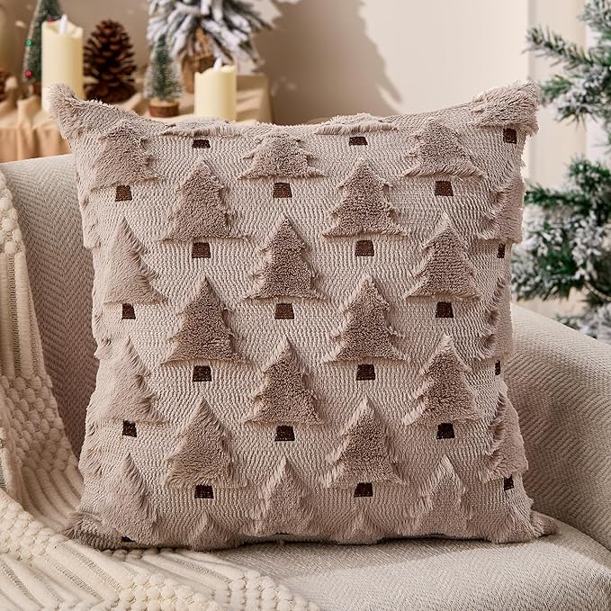 Christmas Pillow Covers 18x18 inch Set of 2 Grey Christmas Decorations Soft Plush Faux Fur Wool Xmas Tree Throw Pillow Cases Winter Holiday Decor for Sofa Living Room PT002I18