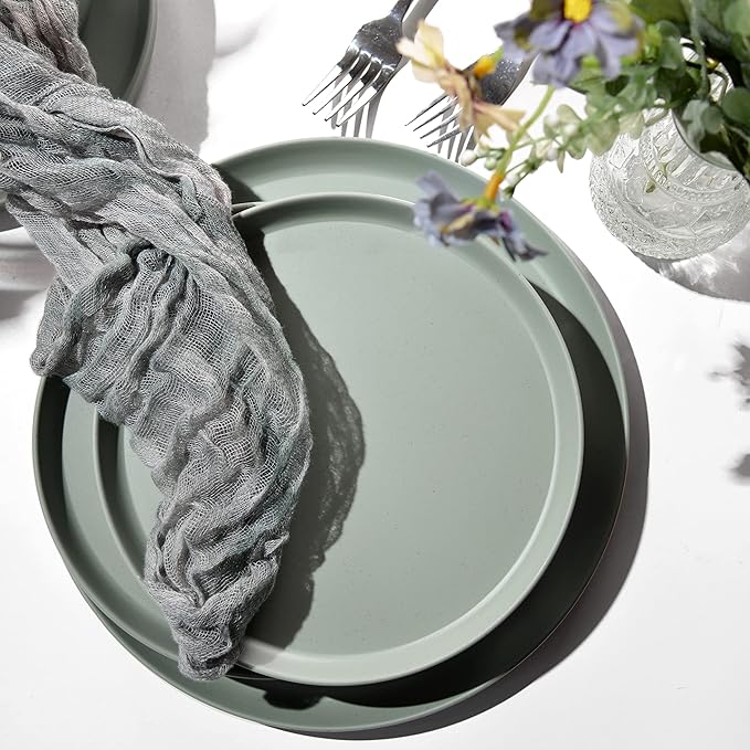 FINE&NICE 12Pcs Melamine Dinnerware Sets, Plates and Bowls Sets for 4, Unbreakable and Lightweight Dishes Set for Indoor and Outdoor Use, BPA Free, Dishwasher Safe (Sage Green)