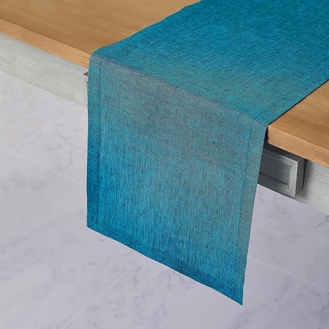 Solino Home Linen Table Runner 90 Inches Long - Athena, 100% Pure Linen Chambray Teal Table Runner 14 x 90 Inch for Dining, Fall, Autumn, Thanksgiving