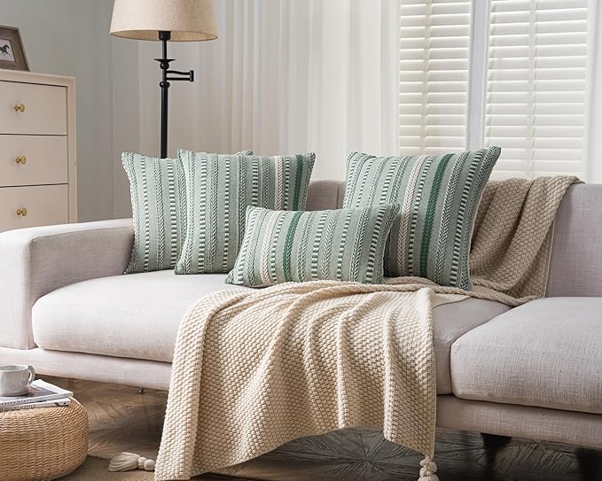 Boho Throw Pillow Covers 22x22 Inch Set of 2, Farmhouse Decorative Couch Pillow Cases, Light Green Accent Pillows of Bed, Sofa Bedroom Living Room Home Decor Cushion Cover