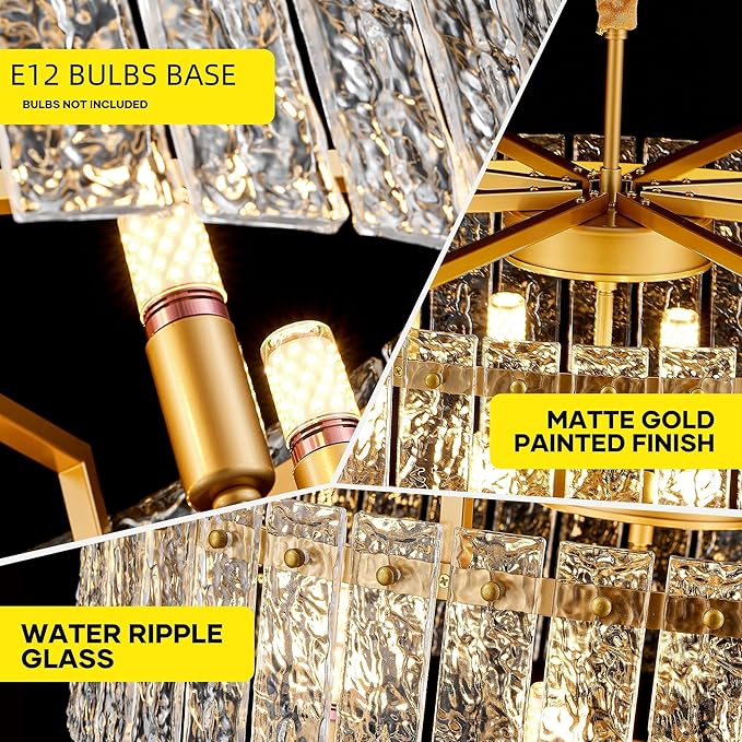 Gold Crystal Chandeliers for Dining Room 10-Light, 29.5” Modern Water Ripple Glass Light Fixture, Farmhouse Round Lighting for Kitchen Island, Bar Table