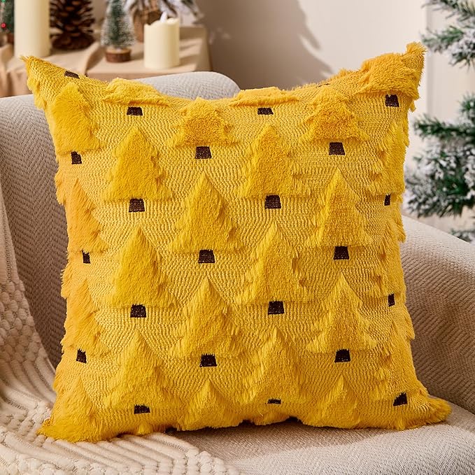 Christmas Pillow Covers 18x18 inch Set of 2 Yellow Xmas Decorations Soft Plush Faux Fur Wool Christmas Tree Throw Pillow Cases Winter Holiday Decor for Sofa Living Room PT002G18
