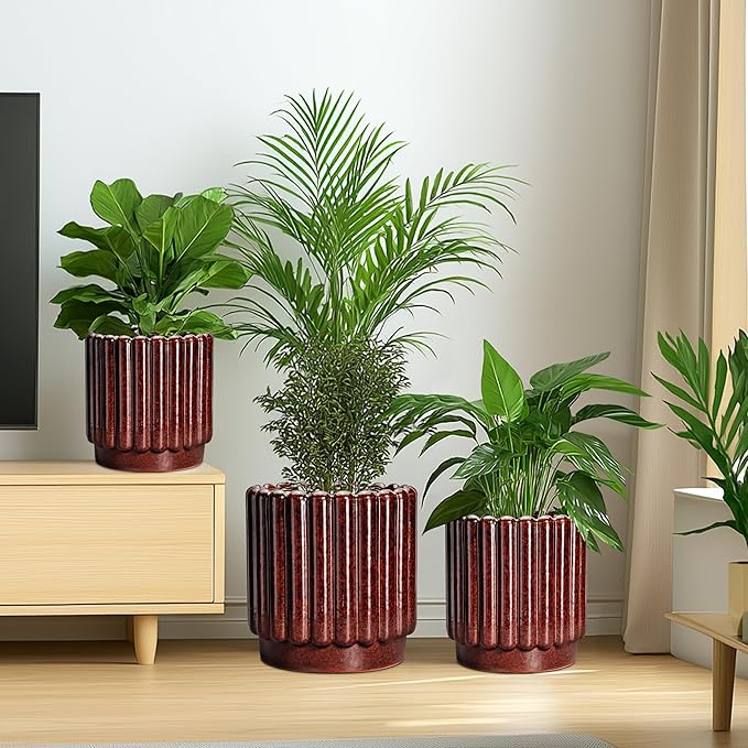 Ceramic Flower Pots - 9.6 Inch Ceramic Pots for Plants Indoor, Large Decorative Plant Pot with Drainage Hole, Fluted Round Planter for Outdoor Plants, Home Decor, Gardening Gifts, Red