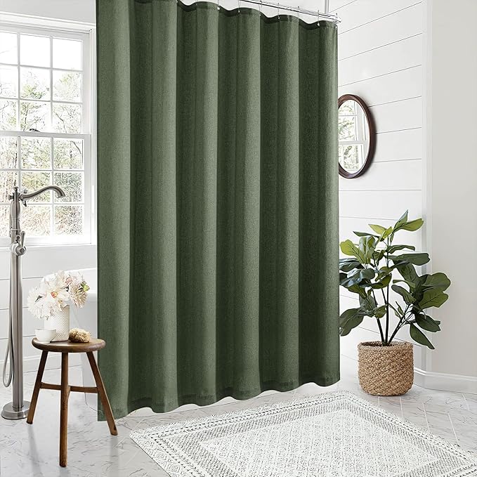 Olive Green Linen Shower Curtain 80 Inches Long Cloth Shower Curtain for Bathroom Boho Farmhouse Spring Decor Hotel Bathtub Water Repellent Extra Long 80 Inch Drapes Set with Hooks, 72x80