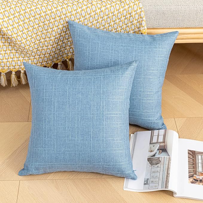 Kevin Textile Pack of 2 Decorative Outdoor Waterproof Pillow Covers Checkered Garden Cushion Sham Throw Pillowcase Shell for Patio Tent Couch 16x16 Inch Light Blue