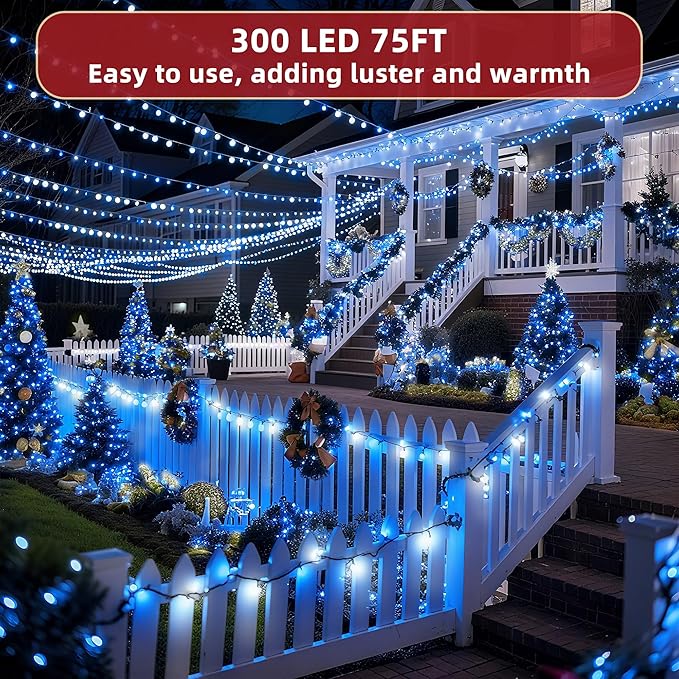 300LED 75FT Christmas Lights Indoor, LED Christmas Tree Decoration Lights with 12 Modes & Timer Memory, Dimmable Plug In Waterproof LED Xmas Light for Yard Trees Wedding Party Holiday Blue & White