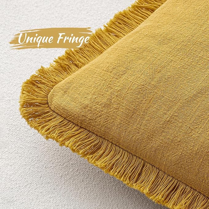 MIULEE Decorative Throw Pillow Covers Neutral Linen Fringe Throw Pillows Euro Shams Set of 2 Mustard Yellow Boho Farmhouse Cushion Covers for Couch Sofa Bed Living Room Spring Home Decor 24x24 Inch