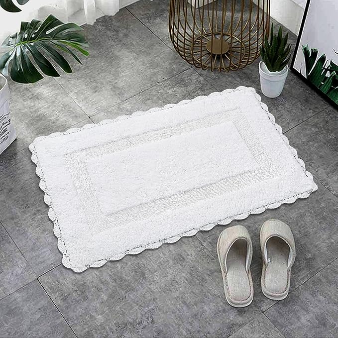 Savi Home Cotton Crochet Bathmat with Antiskid 21x34 White, 100% Pure Cotton, Super Soft White, Plush & Absorbent, Hand Tufted Heavy Weight Construction, Full Reversible Step Out Rugs
