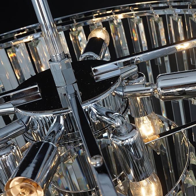 Modern Round Top K9 Crystal Chandelier, 13 Lights, Adjustable Hanging Lamp, Chrome, Living Room, Dining Room, W31, L6.6xW33xH33