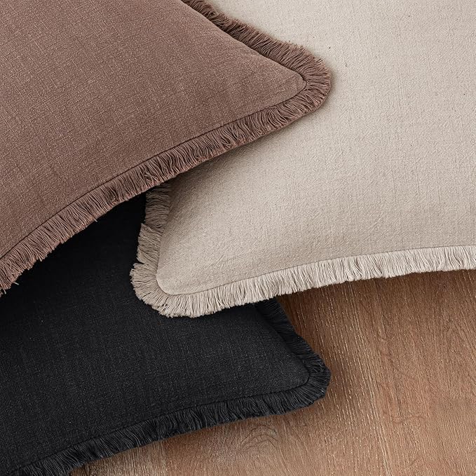 Woaboy Decorative Linen Fringe Throw Pillow Covers Boho Farmhouse Soft Cushion Covers Accent Pillowcases with Tassels for Living Room Couch Sofa Bed Chair,18x18 Inch Set of 2,Black