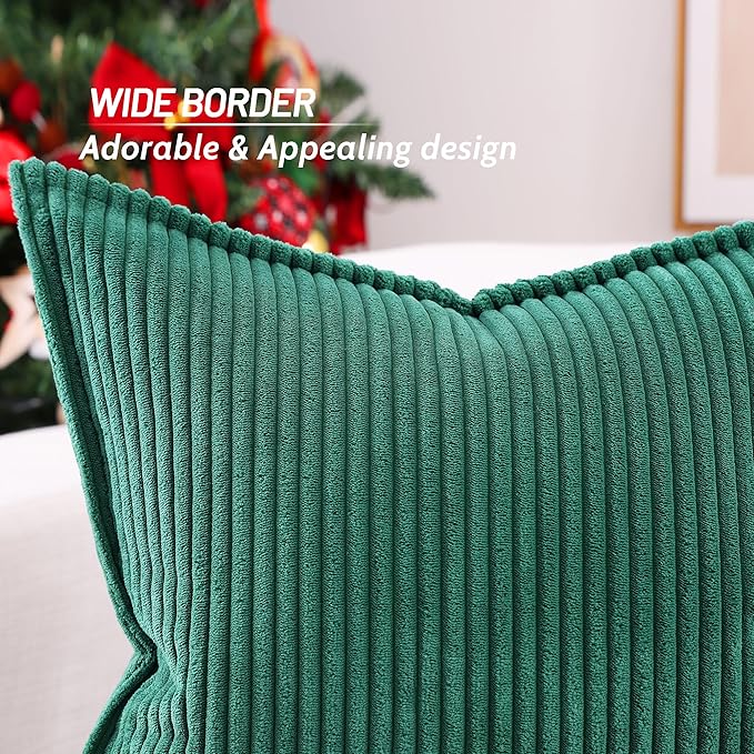 Mecatny Christmas Corduroy Throw Pillow Covers 18x18 Set of 2, Neutral Decorative Soft Boho Couch Pillow Covers with Broadside for Sofa Living Room, Green