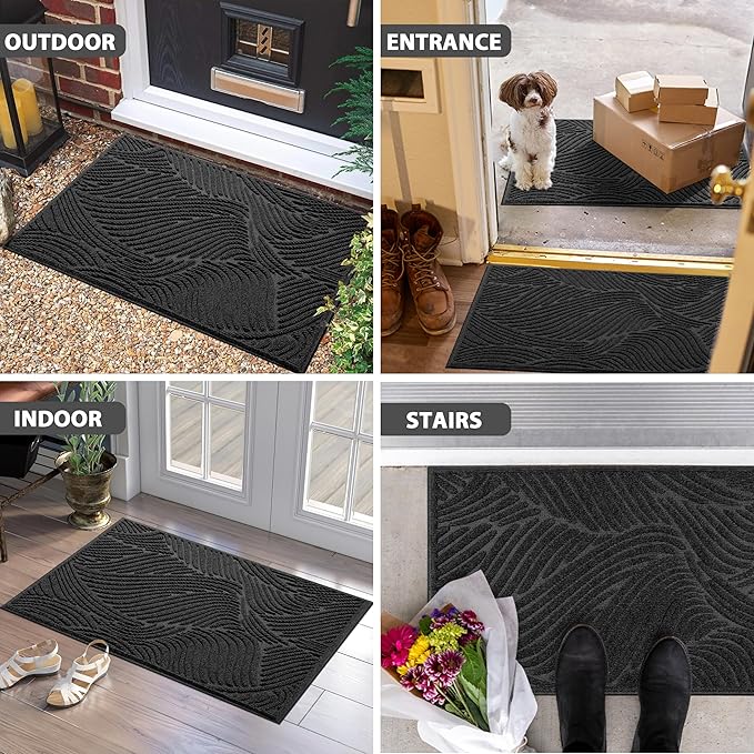 Yimobra Large Door Mat 36x24, All-Weather Waterproof Art Line Outdoor Mats for Front Door, Heavy Duty Non-Slip Welcome Matt for Garage Patio Proch Entryway Indoor, Black