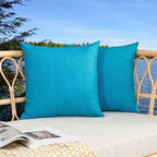 Kevin Textile Pack of 2 Decorative Outdoor Waterproof Pillow Covers Checkered Garden Cushion Sham Throw Pillowcase Shell for Patio Tent Couch 16x16 Inch Peacock Blue