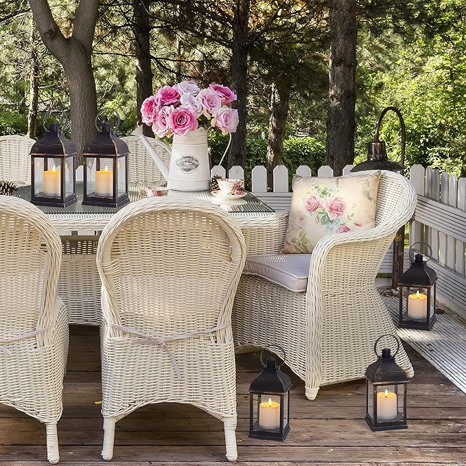 Vintage Lantern Decorative LED Flickering Flameless Candle with Timer, Battery Powered LED Decorative Hanging Golden Brushed Black Lanterns for Indoor Outdoor Garden Yard Home Decor(4 Pack)
