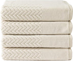 Texere 100% Organic Cotton Jacquard 650 GSM Premium Bath Towel Sets - Extra Absorbent Quick Dry and Plush (Cable, Birch, 4 Bath Towels)