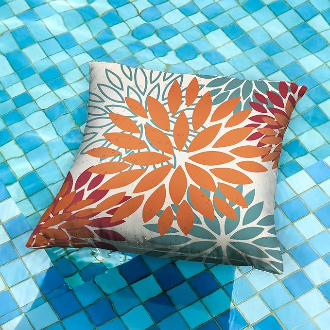 DFXSZ Orange Teal Red Flower Pillow Covers 22x22 Inch Set of 2 Fall Throw Pillows Outdoor Waterproof Decor for Living Room Sofa Patio Funiture Garden Floral Polyester Pillow Covers 002Y22
