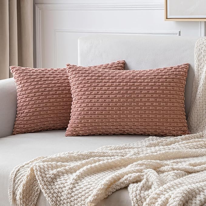 MIULEE Pack of 2 Decorative Lumbar Throw Pillow Covers 12x20 Inch Soft Boho Striped Textured Corduroy Pillow Covers Modern Farmhouse Home Decor for Couch Bed Sofa Living Room Blush Pink
