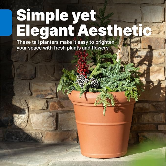 Step2 Claremont Tall Round Planter, Large Planters for Outdoor Plants, Gardening and Flower Pot for Patio or Porch, Efficient Drainage, Durable Plastic, Terracotta, 2-Pack