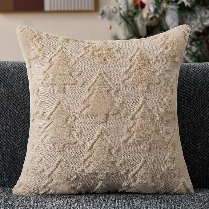 Christmas Pillow Covers 18x18 Set of 2 Beige Double Christmas Tree Decorations Pillow Covers Soft Plush Faux Fur Decor for Xmas Winter Holiday Home Bedroom Sofa Cushion Cases PT-016C18