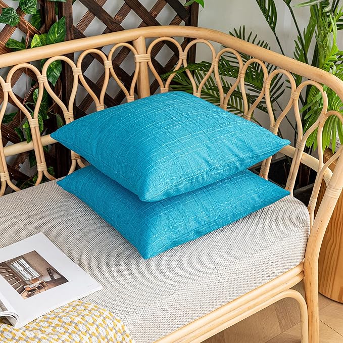 Kevin Textile Pack of 2 Outdoor Waterproof Pillow Covers Checkered Decorative Cushions Sham Throw Pillowcases Shell for Patio Tent Garden Couch Bed Sofa 22x22 Inch Peacock Blue