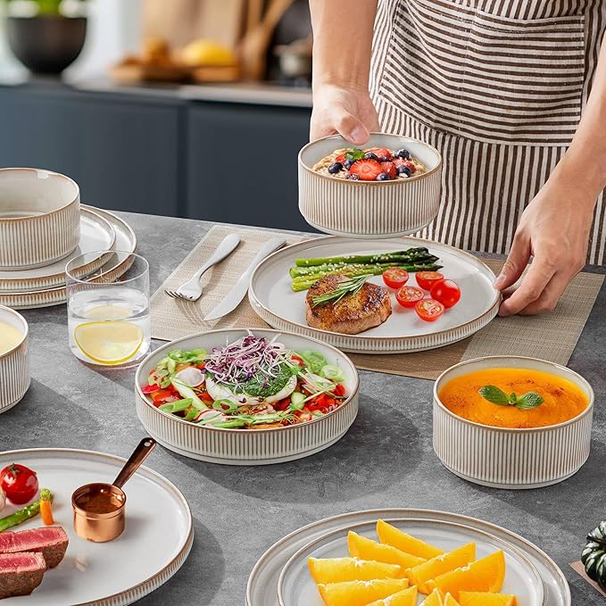 LIANYU Stoneware Dinnerware Sets with Pasta Bowls, 16 Piece Plates and Bowls Dishes Set for 4, Ribbed Dining Ware Dishware for Home, Microwave and Dishwasher Safe, Dawn Beige