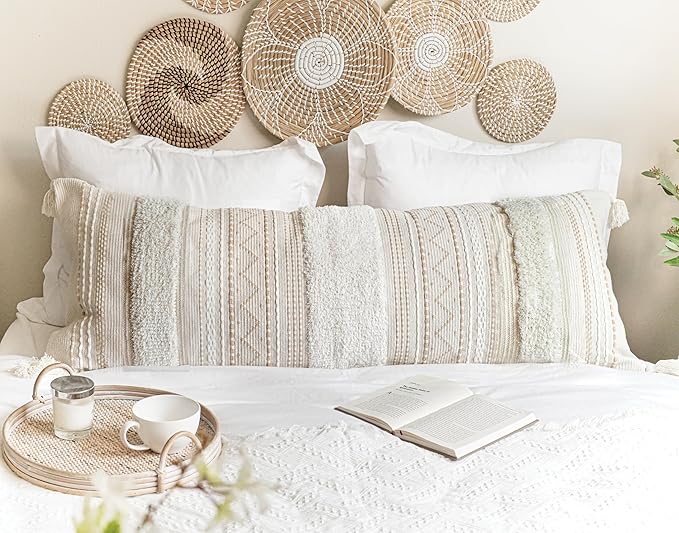 BlissBlush Large Body Pillow Cover for Bed 20x54 Boho Accent Oversized Long Pillowcase for Bedroom Neutral White Decorative Cushion Farmhouse Home Décor (Cover ONLY, Pack of 1)