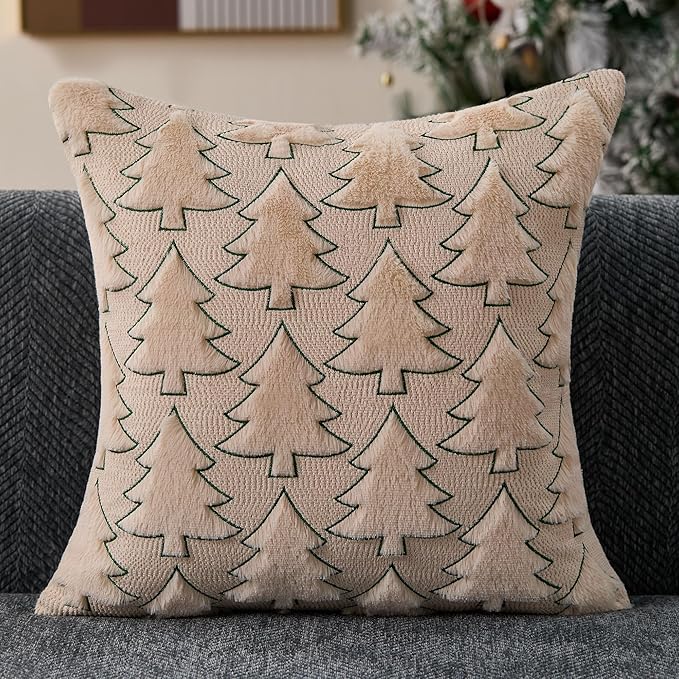 Christmas Pillow Covers 18x18 Set of 2 Beige Christmas Tree Decorations Pillow Covers Soft Plush Faux Fur Pillow Cases Decor for Xmas Winter Holiday Home Bedroom Sofa Cushion Cases PT-017C18