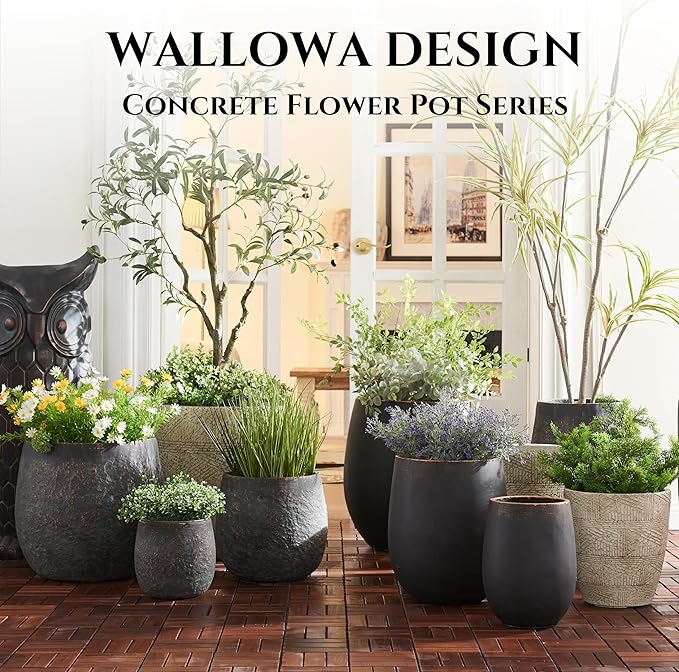 20" H Weathered Concrete Tall Planter, Black Large Outdoor Indoor Decorative Flower Pot with Drainage Hole, Modern Round Style for Home, Garden, Patio, Courtyard, Bronze Rust with Green Tone