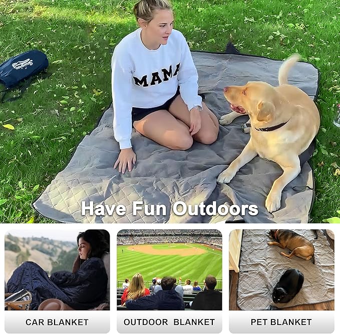 Waterproof Outdoor Blanket 82”X 55” Packable, Stadium Blankets for Camping with Quilted Fleece Lining, Large Windproof Emergency Throw for Garss Picnic Hiking Road Trip, Machine Washable, Navy 300GSM