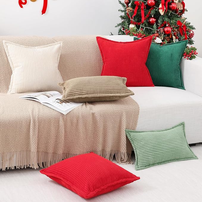 Mecatny Christmas Corduroy Throw Pillow Covers 20x20 Set of 2, Neutral Decorative Soft Boho Couch Pillow Covers with Broadside for Sofa Living Room, Red