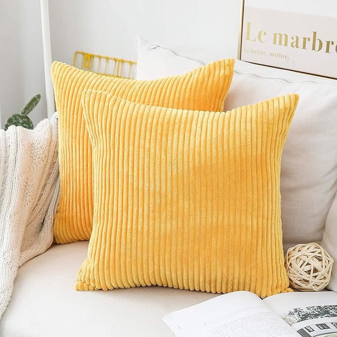 Home Brilliant Fall Pillow Covers 20x20 Solid Striped Corduroy Plush Velvet Cushion Cover for Couch Winter Decor, Set of 2, 20 x 20 Inch, Sunflower Yellow