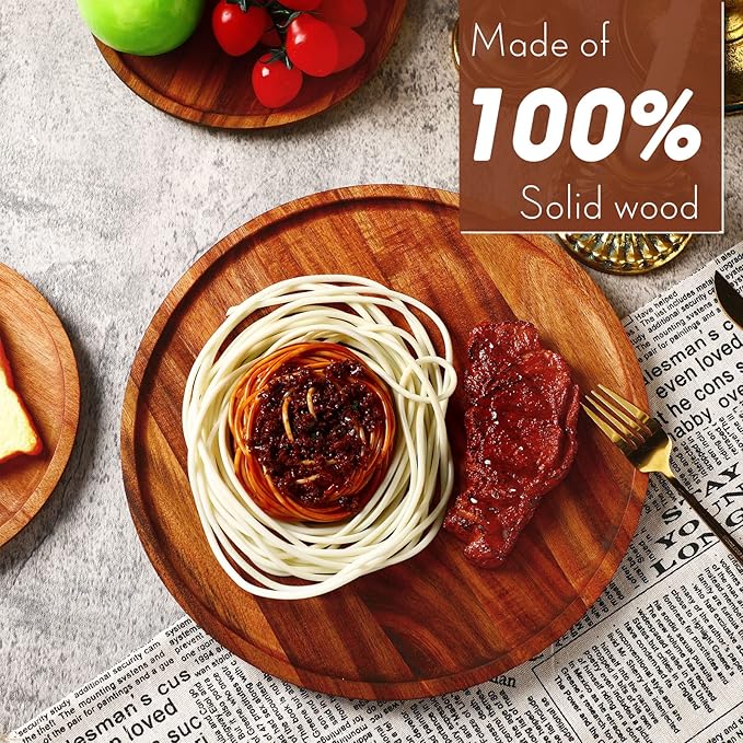 Rtteri 10 Pieces Acacia Round Wood Plates 12 x 0.6 Inch Dinner Plates Wooden Charger Platter Bulk Easy Cleaning Lightweight Serving Tray for Dishes Snack Dessert